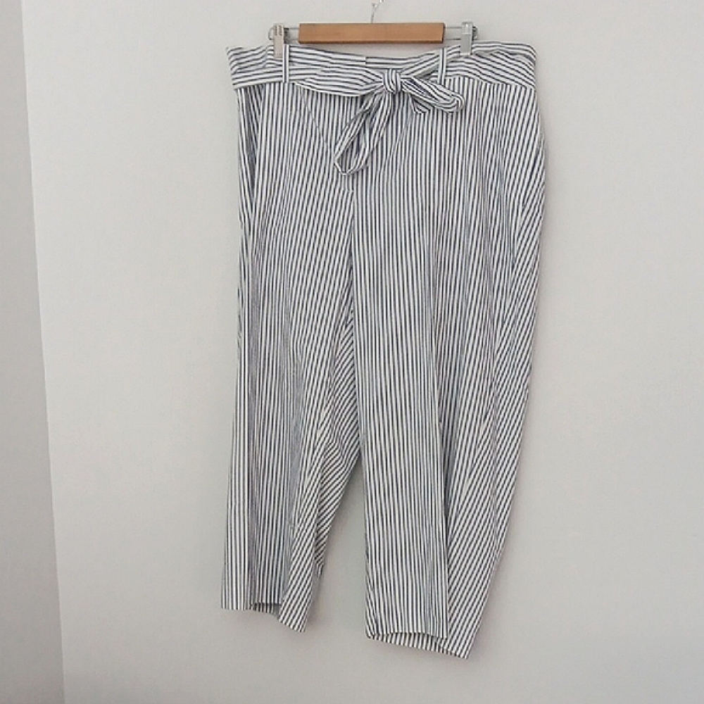 Talbots Blue & White Striped Pants Women's‎ Size 22W Belted Pockets Wide Leg NEW